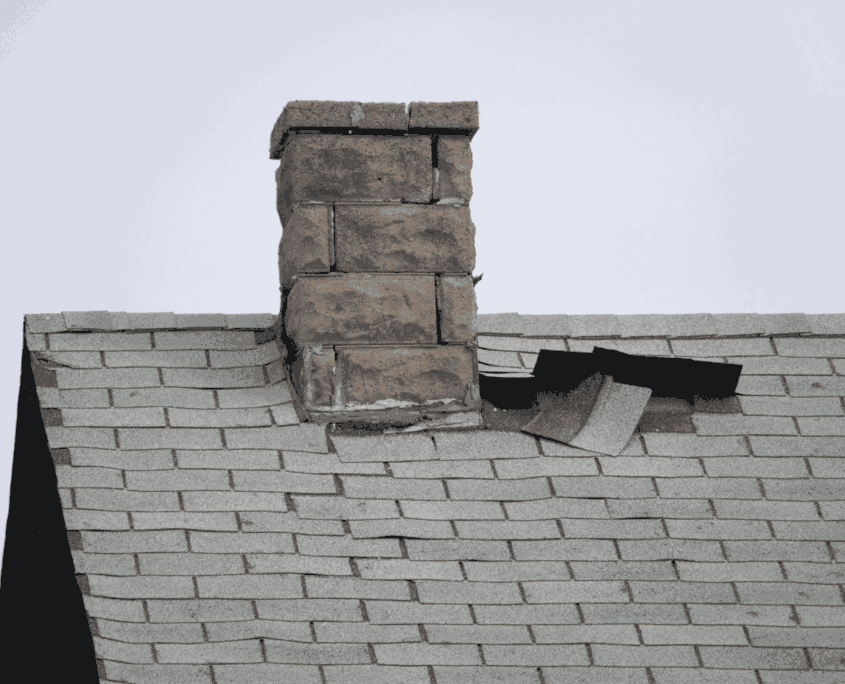A close-up of a damaged roof showing signs of roof leaks.