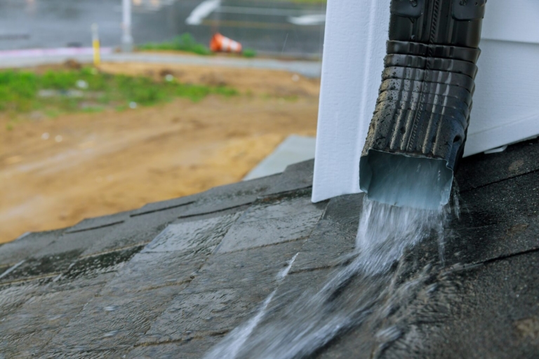 Rainwater pouring off a house roof edge past the gutter during a storm