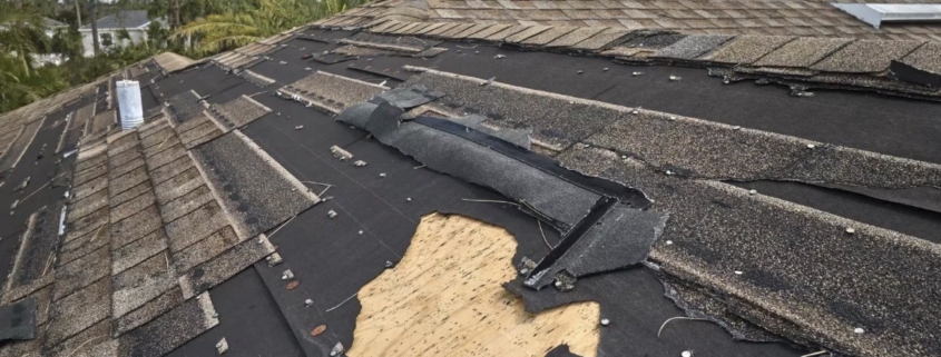 Wind Damage or Just an Old Roof? How to Tell What Took Your Shingles 1 Roof with wind-torn shingles and exposed decking after a storm